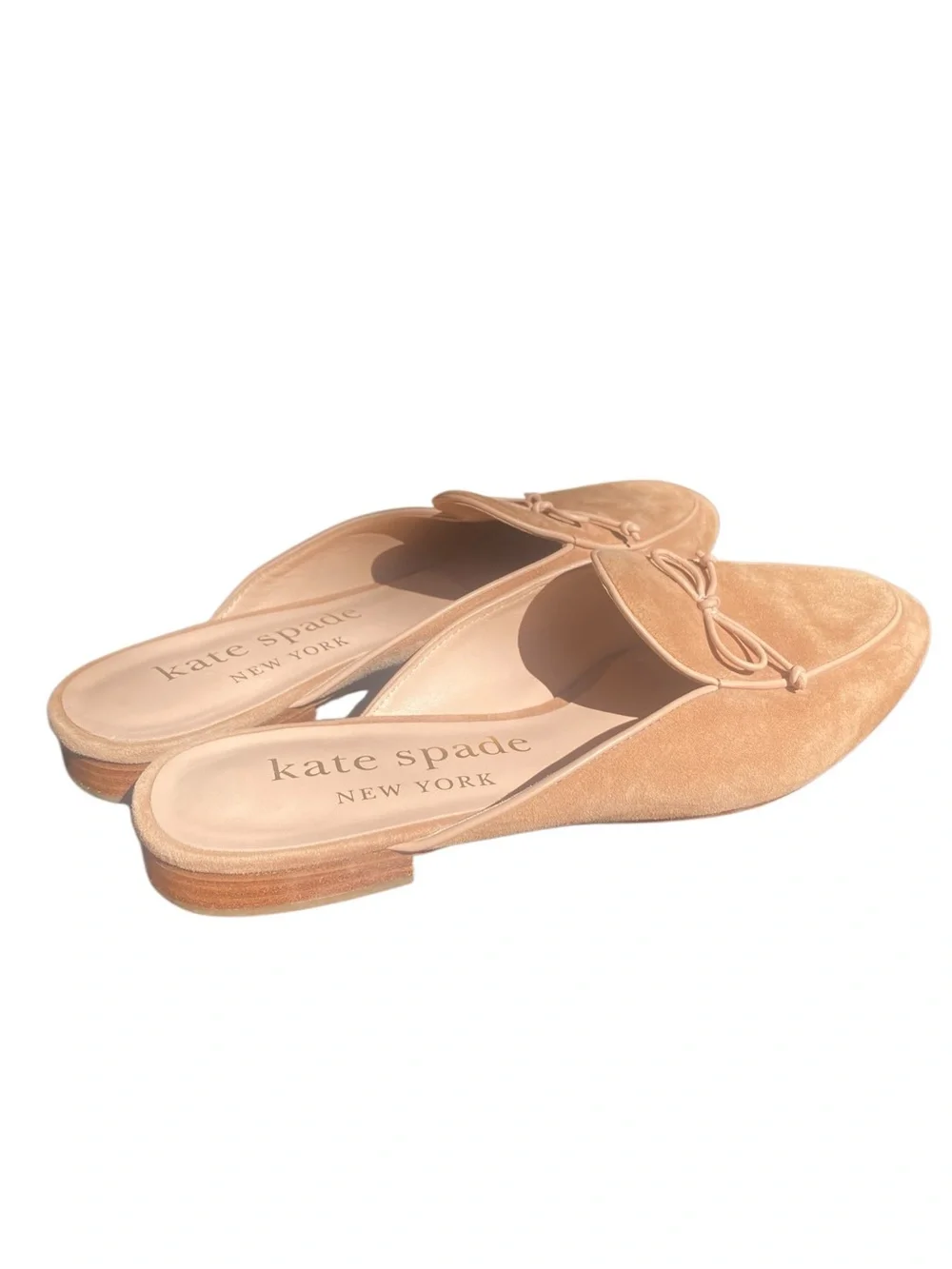 Kate Spade Devi Suede Bow Mules Size 9.5 Tan Beige Slip On Flats